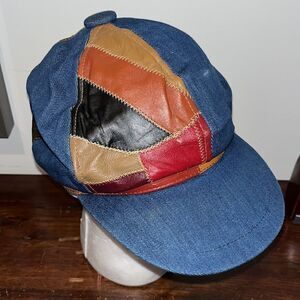 Vintage Mod Squad Leather & Denim patchwork 1970’s retro Cap Hat M 7 men’s